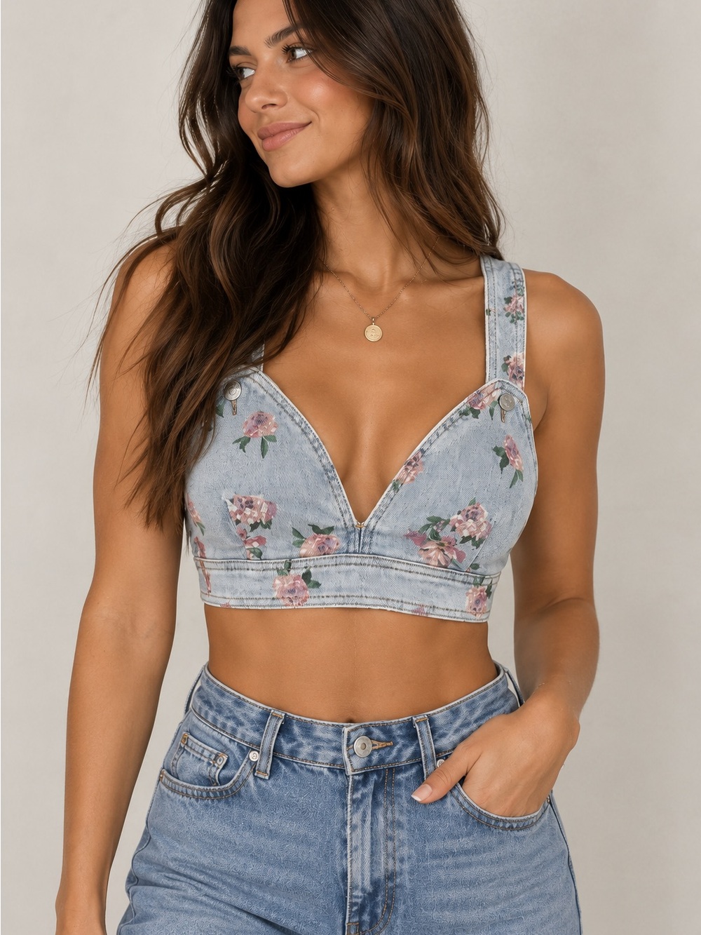 wild fable Light Wash Denim Floral Bralette - Pink & Blue
